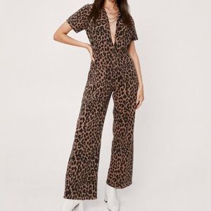 NWT Nastygal Denim Leopard Jumpsuit Deep V-Neck Plus Size XL Rock’n’Roll